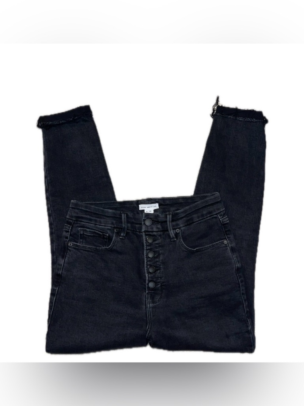 Good American Black High-Rise Skinny Jeans with Button-Fly & Raw hem - Picture 2 of 4